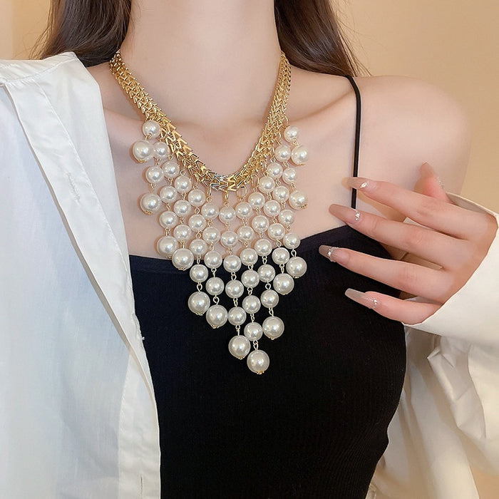 French Vintage Faux Pearl Letter Tassel Necklace Elegant Statement Clavicle Chain
