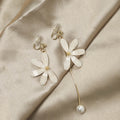 Elegant Asymmetric Flower Crystal Petal Long Tassel Pearl Ear Clip Alloy Needle Drop For Women Earrings view 2