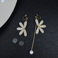 Elegant Asymmetric Flower Crystal Petal Long Tassel Pearl Ear Clip Alloy Needle Drop For Women Earrings view 4