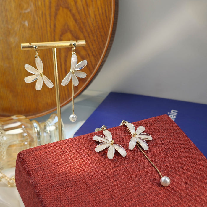 Elegant Asymmetric Flower Crystal Petal Long Tassel Pearl Ear Clip Alloy Needle Drop For Women Earrings