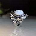 Vintage Inlaid Faux Moonstone Ring With Geometric Hollow Carved Floral Design For Women view 3
