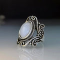 Vintage Inlaid Faux Moonstone Ring With Geometric Hollow Carved Floral Design For Women view 2