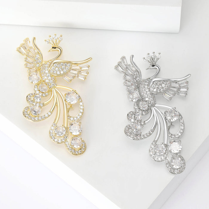 Copper Zircon Phoenix Brooch Pin For Luxury Clothing Decoration