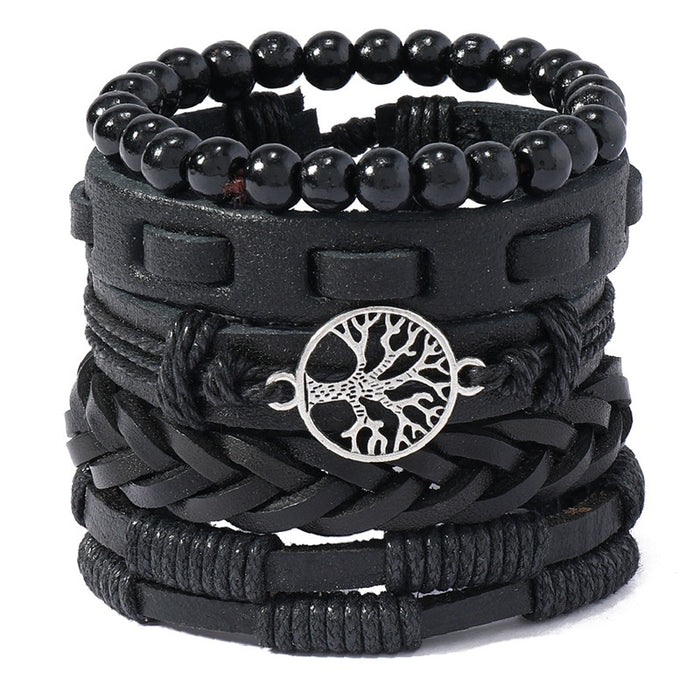 Handwoven Leather Bracelet Set With Tree Of Life Charm DIY Five Piece Men's Vintage Accessory