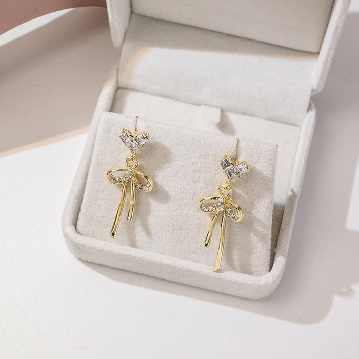 Elegant Heart Crystal Bowknot Rhinestone Gold Plated Silver Needle Drop Stud Earrings