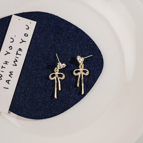 Elegant Heart Crystal Bowknot Rhinestone Gold Plated Silver Needle Drop Stud Earrings