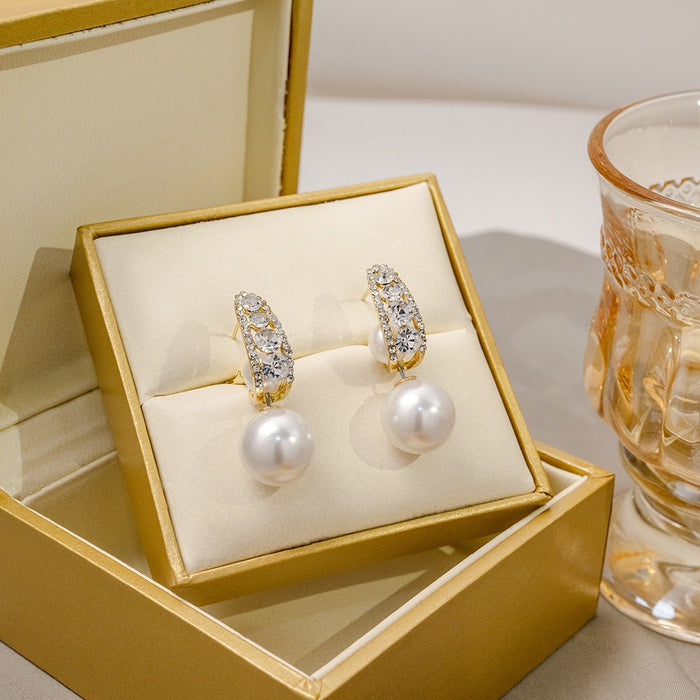 Elegant French Vintage U-Shaped Zircon Rhinestone Alloy Hoop Pearl Drop Detachable Two-Way Women's Earrings