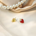 Cute Red Enamel Strawberry Studs With Rhinestone Leaves, Elegant Sweet Fruit Jewelry Silver Needle Earrings view 4
