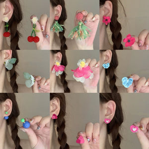 Sweet Mesh Fabric Butterfly Flower Stud Earrings With Silver Pins Vacation Style Jewelry