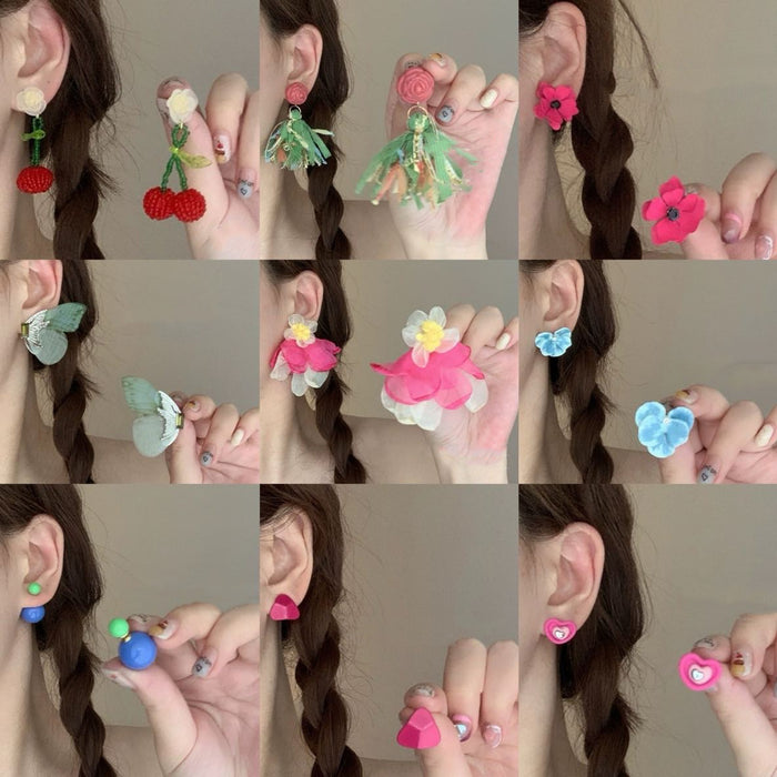 Sweet Mesh Fabric Butterfly Flower Stud Earrings With Silver Pins Vacation Style Jewelry