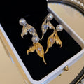 Minimalist Mermaid Tail Heart Zircon Faux Pearl Stud Earrings With Silver Pins view 4