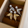 Minimalist Mermaid Tail Heart Zircon Faux Pearl Stud Earrings With Silver Pins view 2