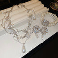 French Light Luxury Flower Rhinestone Teardrop Faux Pearl Necklace Jewelry Set view 4