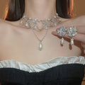 French Light Luxury Flower Rhinestone Teardrop Faux Pearl Necklace Jewelry Set view 1