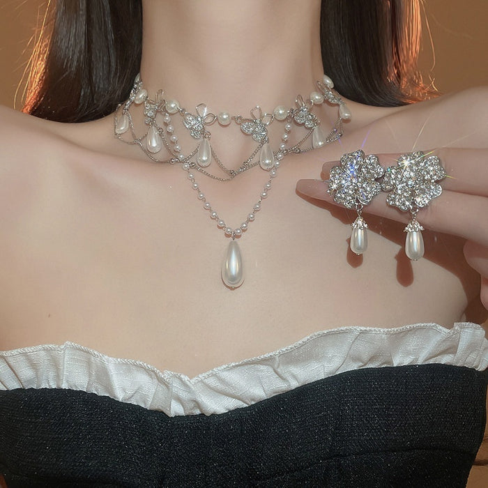 French Light Luxury Flower Rhinestone Teardrop Faux Pearl Necklace Jewelry Set
