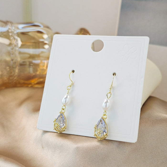 Elegant French Vintage Oval Pearl Flower Teardrop Zircon Alloy Dangle Pendant Earrings