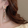 Korean Style Artificial Crystal Butterfly Flower Long Tassel Drop Earrings For Women view 3