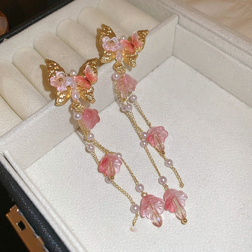 Korean Style Artificial Crystal Butterfly Flower Long Tassel Drop Earrings For Women