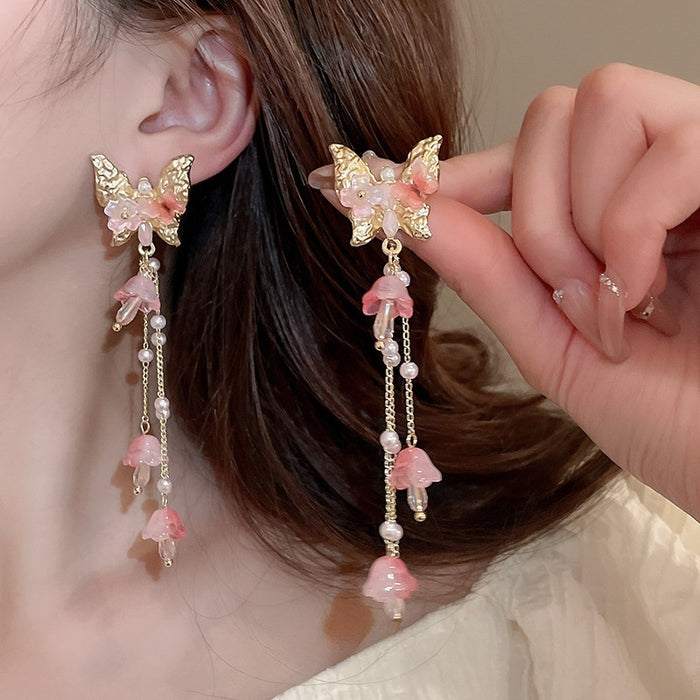 Korean Style Artificial Crystal Butterfly Flower Long Tassel Drop Earrings For Women