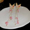 Korean Style Artificial Crystal Butterfly Flower Long Tassel Drop Earrings For Women view 4