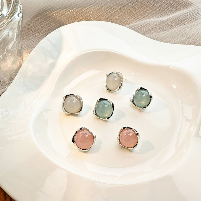 Elegant Korean Jelly Color Geometric Square Alloy Studs Sweet Fresh Minimal Round Crystal Earrings