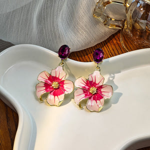Elegant Enamel Flower Drop Earrings With Purple Crystal Studs And Rhinestone Center Alloy Fashion Earrings