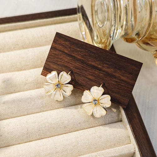 Elegant Korean Style Cream Enamel Sakura Flower Rhinestone Alloy Daily Commute Stud Earrings