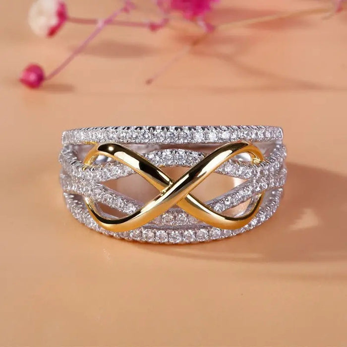 European Hollow 3D Figure Eight Infinity Love Ring For Women, Two Tone Fashion Index Finger Jewelry