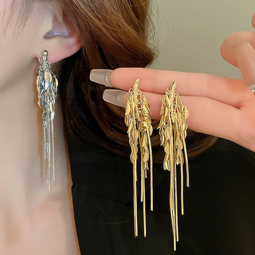 European American Style Metal Wheat Tassel Long Drop Earrings With Silver Pins