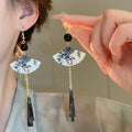New Chinese Style Resin Fan Tassel Drop Earrings For Women, Geometric Qipao Vintage Ear Jewelry view 1