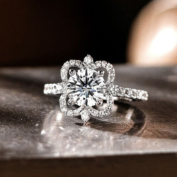 Luxury Full Rhinestone Flower Ring For Women, Floral Proposal Finger Ring For Qixi Gift