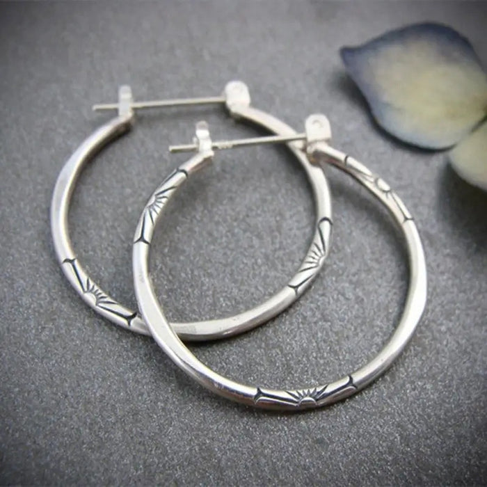 Vintage Antique Silver Hoop Earrings With Palace Style Floral Design, Large Flower Ear Cuffs