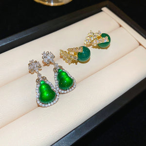 New Chinese Style Gourd Stud Earrings With Emerald Zircon And Faux Agate Silver Needle