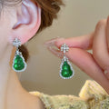 New Chinese Style Gourd Stud Earrings With Emerald Zircon And Faux Agate Silver Needle view 3