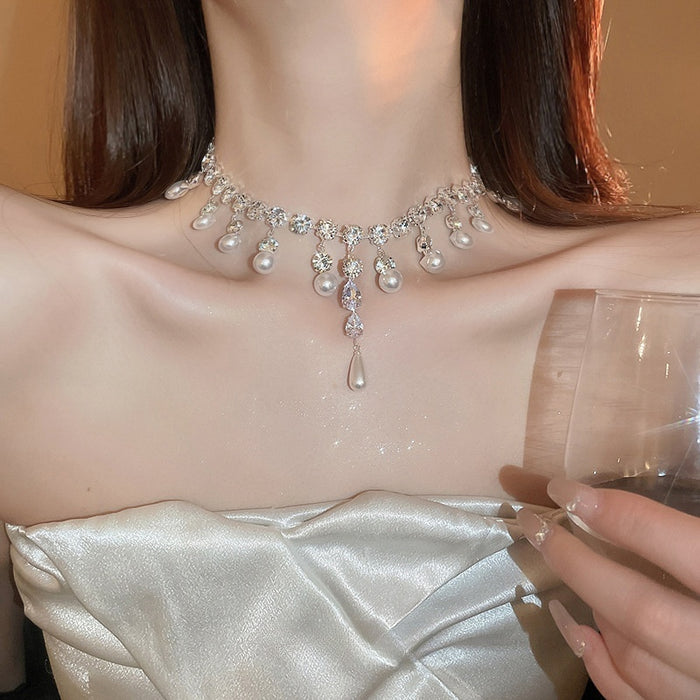 French Light Luxury Teardrop Zircon Faux Pearl Collarbone Necklace For Evening Dress