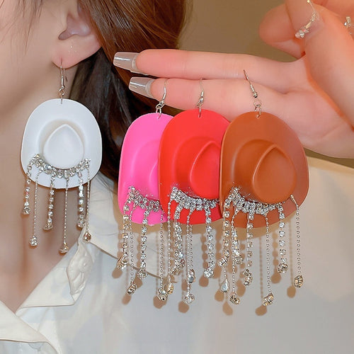 Sweet Cool Alloy Cowboy Hat Waterdrop Rhinestone Tassel Drop Earrings