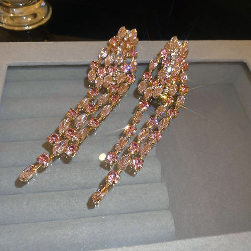 Copper Geometric Rhinestone Tassel Drop Earrings Long Light Luxury European Style Jewelry