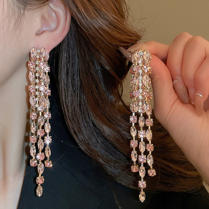 Copper Geometric Rhinestone Tassel Drop Earrings Long Light Luxury European Style Jewelry