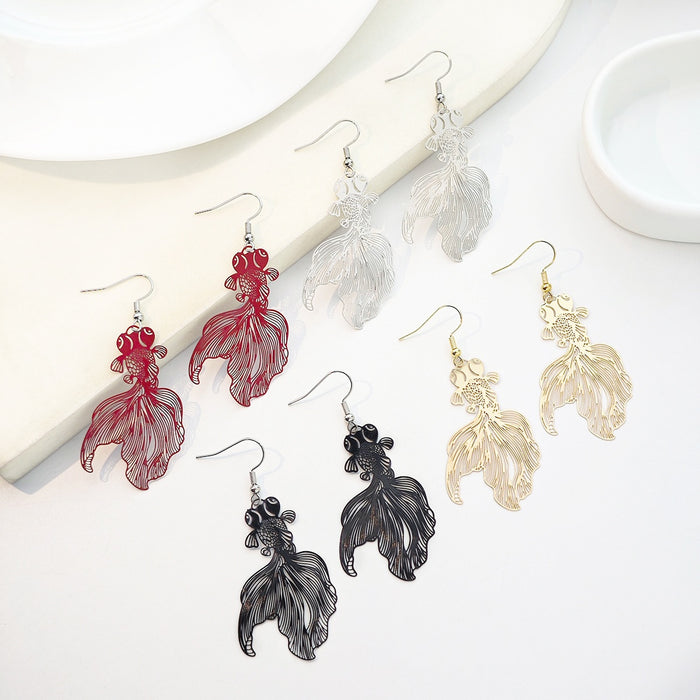 Vintage Chinese Style Hollow Koi Goldfish Alloy Enamel Drop Dangle Earrings For Women Elegant Ethnic Earrings
