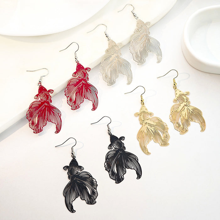 Vintage Ethnic Hollow Koi Goldfish Alloy Enamel Drop Dangle Earrings For Women Statement Earrings