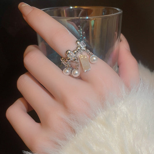 Square Pearl Zircon Open Ring For Women