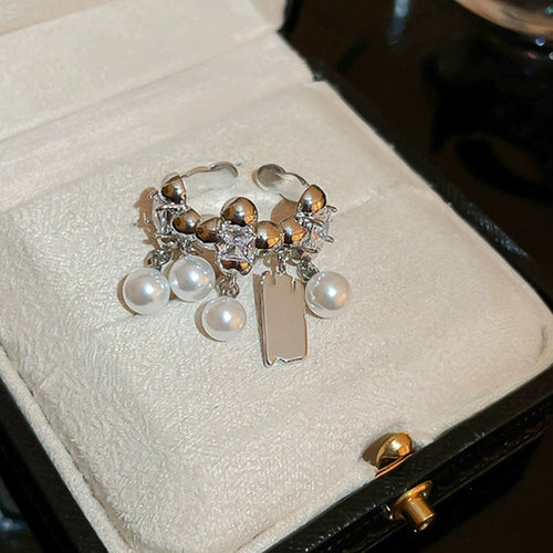 Square Pearl Zircon Open Ring For Women