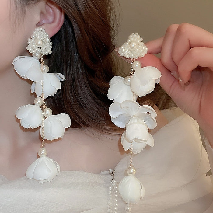 Chic Alloy Flower Pearl Long Tassel Drop Earrings For Women Statement Office Jewelry