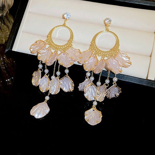 Sweet Pink Petal Zircon Tassel Drop Earrings With Alloy Floral Korean Luxury Style