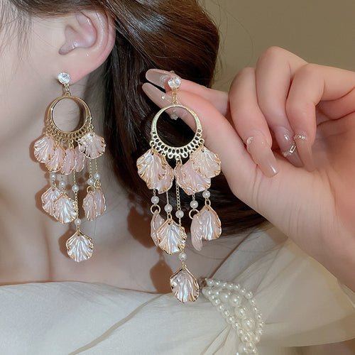 Sweet Pink Petal Zircon Tassel Drop Earrings With Alloy Floral Korean Luxury Style