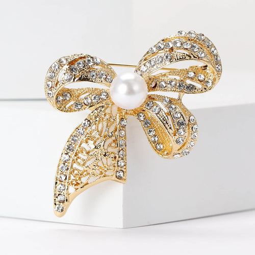 Alloy Pearl Rhinestone Bow Brooch Vintage Women's Clothing Pin