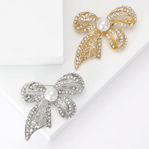 Alloy Pearl Rhinestone Bow Brooch Vintage Women's Clothing Pin