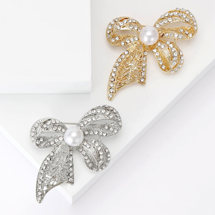 Alloy Pearl Rhinestone Bow Brooch Vintage Women's Clothing Pin