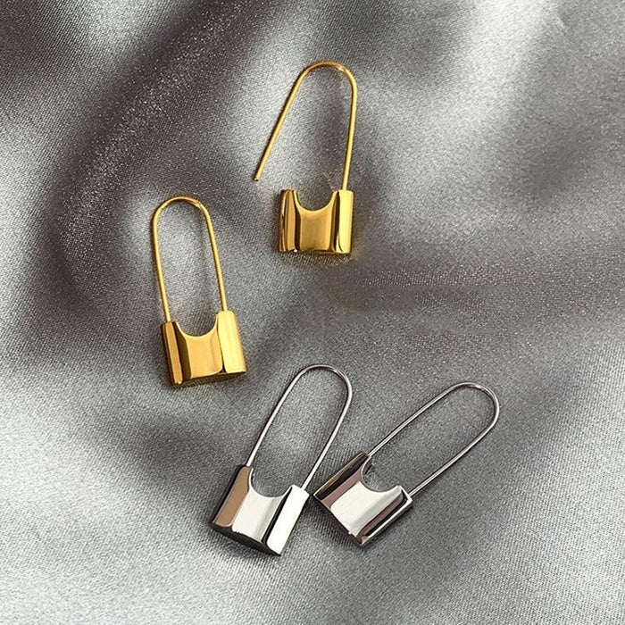 Minimalist Metallic Cool Style Earrings, Designer Safety Pin Lock Shape Ear Jewelry Direct