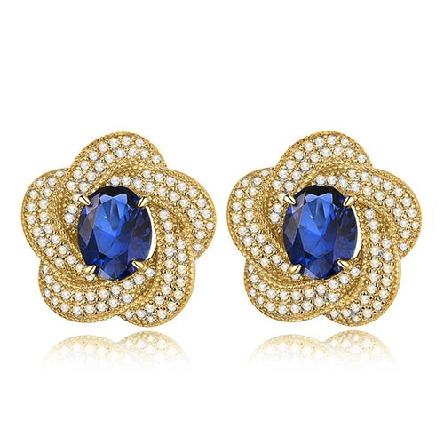 European Vintage Oval Tanzanite Look Stud Earrings With Flower Design For Elegant Women